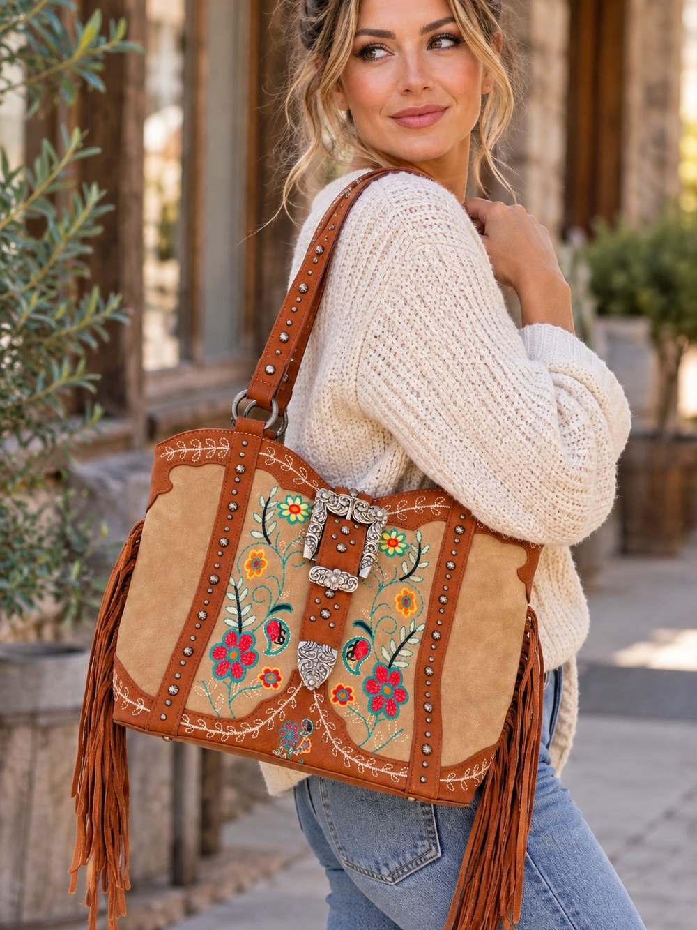Montana West Leather Embroidered Floral Concealed Carry Fringe Western Bag